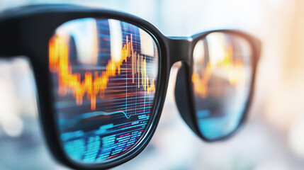 Close-up of glasses reflecting financial charts on a screen. The focus is on the vibrant orange and blue data, symbolizing market analysis and technology