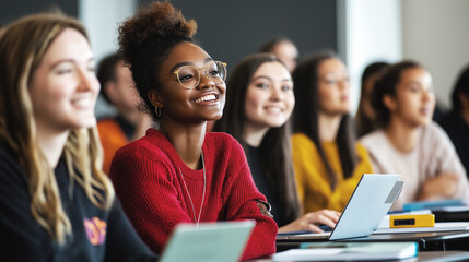 Smiling students attentively listening in a classroom with laptops open on their desks. They appear engaged and enthusiastic, enjoying the learning experience together