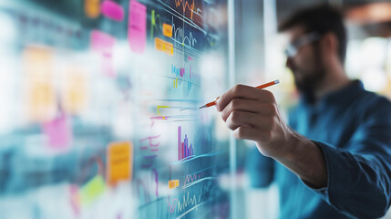 Person analyzing and drawing data on a transparent board with charts and graphs in a modern office. The scene is focused on the hand holding a pencil, with colorful diagrams in the background