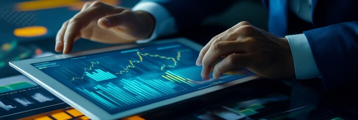 Businessman Analyzing Financial Data on Tablet - A businessman in a suit is using a tablet to analyze financial data, symbolized by charts, graphs, and trends. The image conveys concepts of technology