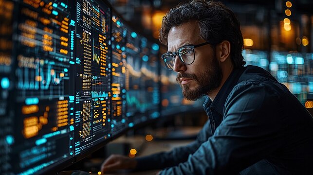 A data scientist analyzing complex datasets on multiple screens, visualizing graphs and AI-driven predictions.