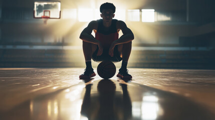 Young basketball player sitting on a court, illuminated by dramatic light in a dimly lit gym. The athlete is deep in thought, with a basketball at his feet, reflecting focus and determination