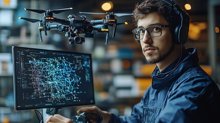 A programmer refining AI algorithms for drone navigation systems, interacting with simulation data and real-world test results.