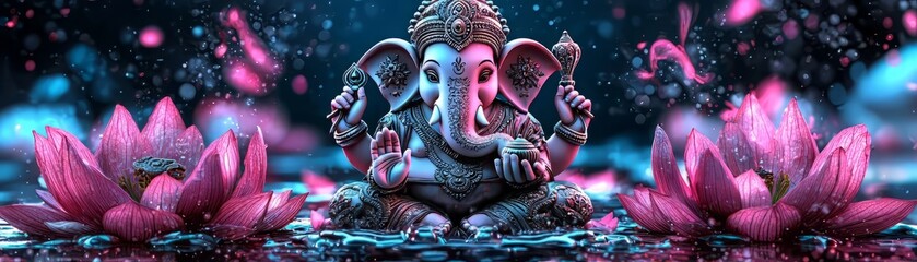 A stunning depiction of Lord Ganesha surrounded by vibrant lotus flowers, embodying tranquility and spirituality in a mystical setting.