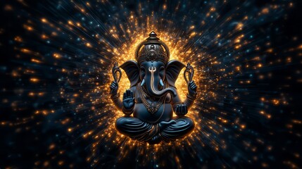 A stunning image of Lord Ganesha radiating with cosmic energy and vibrant sparkles, symbolizing wisdom and prosperity.