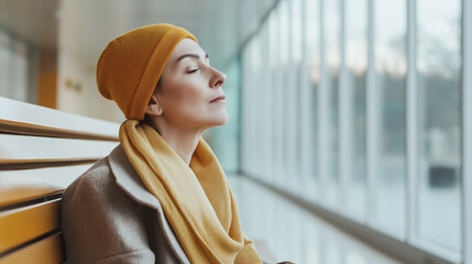 Woman in a yellow hat and scarf sitting on a bench with closed eyes, appearing calm and reflective. The image portrays a moment of peace during a challenging cancer journey