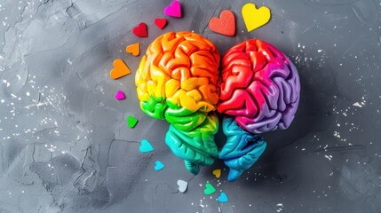 Two colorful brain models with heart-shaped confetti scattered around them