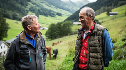 Fototapeta premium Two farmers engage in a friendly conversation while standing in a lush green valley with grazing cows in the background. The scene reflects rural life, community, and the peacefulness of farming.