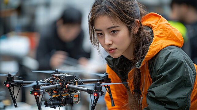 A team of engineers testing AI-driven drones, monitoring real-time flight data and adjusting algorithms.