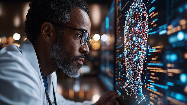A healthcare AI specialist working on predictive analytics for patient care, interpreting results from an AI-powered system.