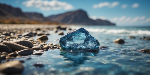 water enclosed by rocks, under a sapphire sky, hosts a small isle.