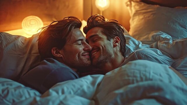 A gay man giving his spouse a bedtime kiss