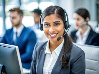 Smiling young woman from India wearing a professional attire and headset, sitting in front of a computer, looking confident and focused in a call center environment.