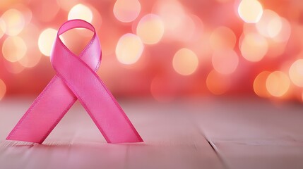 A symbolic pink ribbon representing breast cancer awareness, set against a blurred pink background.