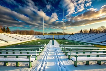 Snow-covered stadium seats and lush green field under winter sky, American football goalposts stand tall, showcasing Midwest sports legacy and enthusiastic fan culture.