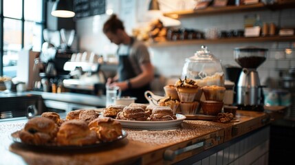A cafe counter with freshly baked pastries and a barista pouring coffee in the background