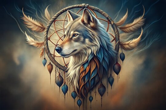 Majestic wolf with a dream catcher in an aerial work of art