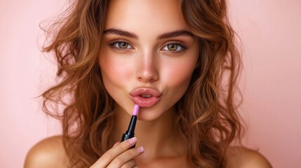 Obraz premium Close up photo of gorgeous girl holding cosmetics
