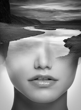 Black and white portrait of a beautiful woman and the river in a double exposure concept, collage