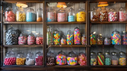 Obraz premium A candy store display with shelves lined with jars of assorted colorful sweets, from gumdrops to lollipops