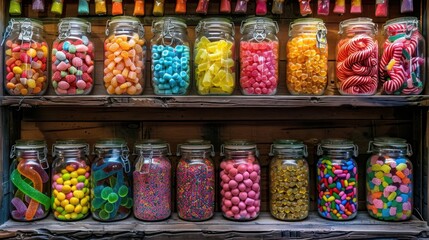 A candy store shelf filled with jars of brightly colored candies, from licorice twists to sour belts