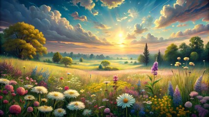 Naklejka premium Softly blended watercolor hues depict a serene meadow scene with delicate wildflowers, lush greenery, and gentle clouds drifting across a warm, sunny sky.