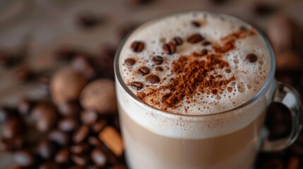 A close-up of a cappuccino with cinnamon sprinkled on top, surrounded by coffee beans and warm tones