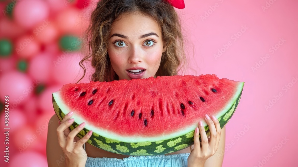 Wall mural woman holding a big slice of watermelon