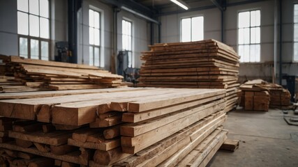 Boards of fresh wood lie in the production workshop.