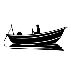 fisherman, fish, fisher, fisherboat, fish boat, bucket, fishbucket, fishing rod, rod, sea, sealife, vector graphic black and white