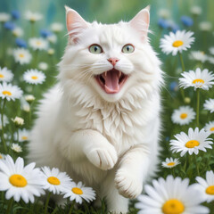 Cute white cat running between white daisies