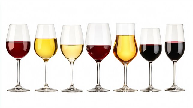 Elegant White and Red Wines Isolated on White Background Set
