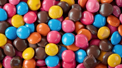 A close-up of a handful of candy-coated chocolates in a variety of bright colors, scattered across a surface