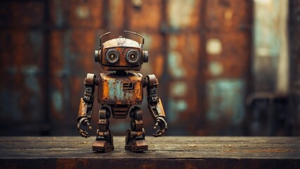 A rusty robot stands in front of a rusty metal wall.