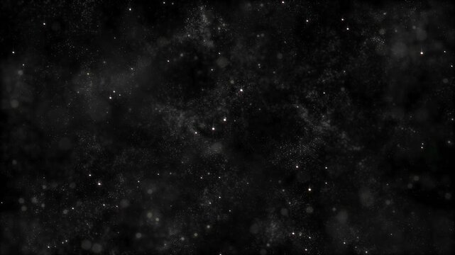 Abstract dust particles floating in the air, on black background. Slow motion. Moving hovering dust particles, animated overlay effect of flying golden particles. Looping animation. 4k footage
