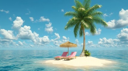 Fototapeta premium tropical island with palm trees and sunbathing parasol 
