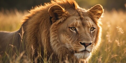 Obraz premium A tight shot of a lion in a sea of tall grasses, bathed in sun rays as it reaches his radiant face.