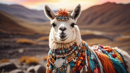 Obraz premium Clipart of a llama decorated with a boho blanket and beaded necklaces watercolor charm of the Andes.