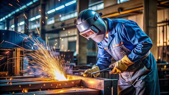 Spark-filled workshop scene featuring a skilled craftsperson meticulously welding steel parts together to create a custom metal fabrication piece.