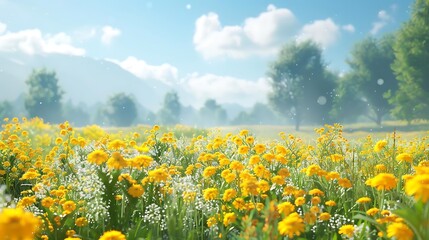 Naklejka premium A vibrant meadow filled with yellow flowers and greenery under a bright blue sky.