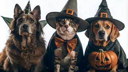 Flat Candid Halloween Pet Costume Contest concept as A candid shot of pets dressed in Halloween costumes eagerly participating in a contest. The scene captures the humor and excitement ideal for ads p