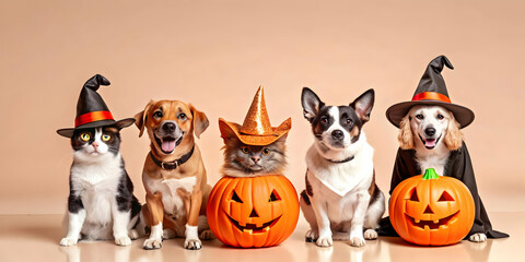 Flat Candid Halloween Pet Costume Contest concept as A candid shot of pets dressed in Halloween costumes eagerly participating in a contest. The scene captures the humor and excitement ideal for ads p