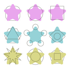 Star icons with different shapes around. Flat vector design for logo, print, card, web, social media