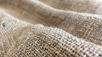 A close-up of a woven jute fabric in a neutral tone, with its coarse, rustic weave creating texture
