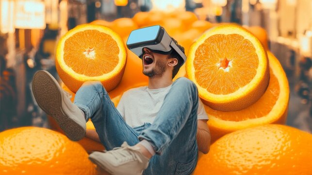 man sitting on big oranges excited wear virtual reality glasses impressed virtual world
