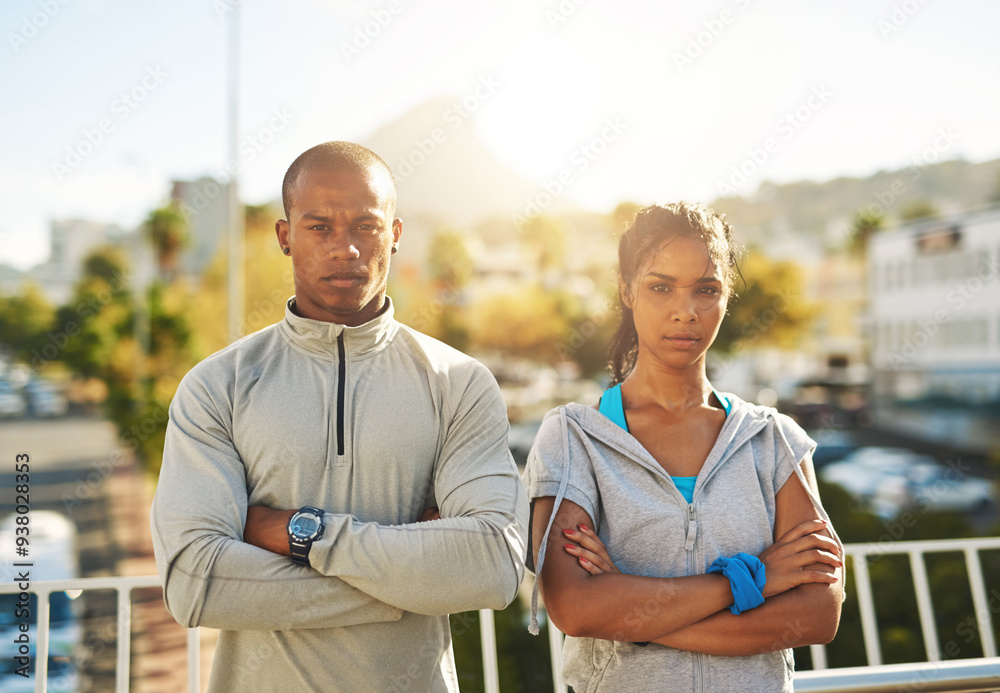 Sticker Outdoor, couple and arms crossed for fitness on portrait on running break for workout, training and exercise. Relationship, people and confidence for health, wellness and wellbeing in Atlanta