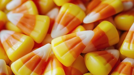 A close-up of colorful candy corn piled high, with their orange, yellow, and white layers creating a festive look