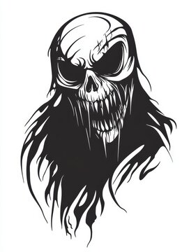 Ghastly Skull with Fiery Hair - Horror Illustration - A menacing skull with a fierce expression, enveloped in fiery hair, symbolizing death, darkness, power, and fear.  The image creates a sense of dr