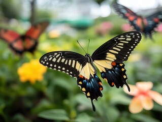 Naklejka premium Beautiful Close-Up of Colorful Butterflies in a Lush Garden with Vibrant Flowers and Greenery