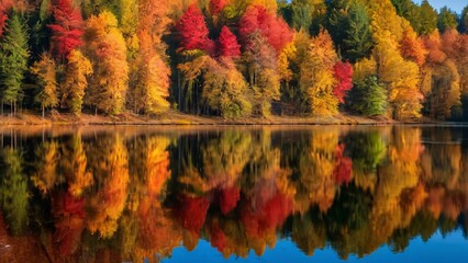 Fototapeta premium Vivid Autumn Forest Reflections in Calm Lake